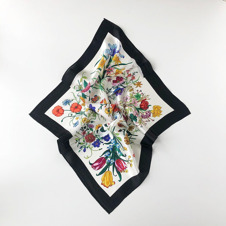 Floral Contrast Trim Silk Scarf