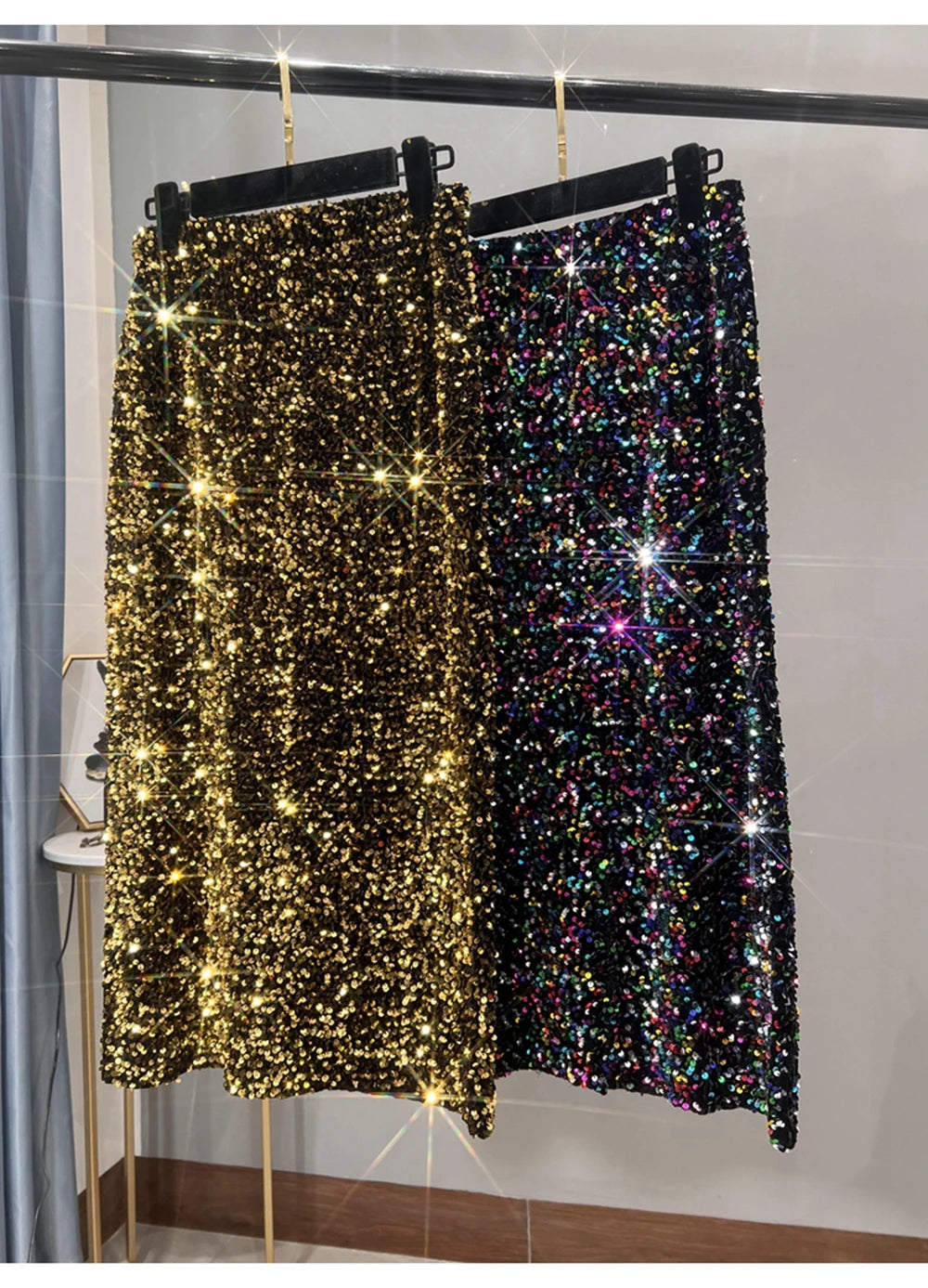 Pre Order:  Sequined Mid-Length Slit Skirt