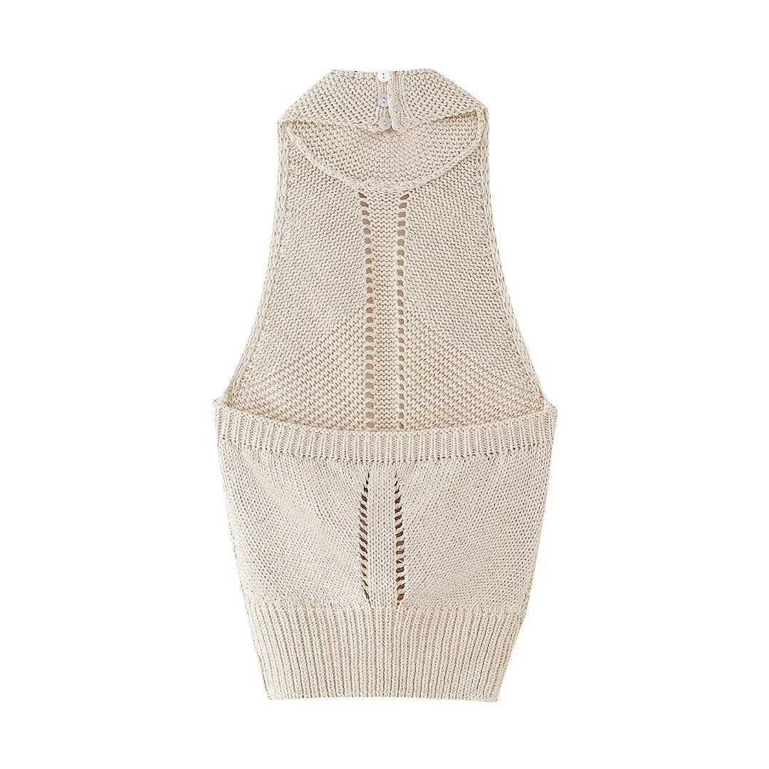 Pre Order: Solid Hollow Knitted Hanging Neck Top