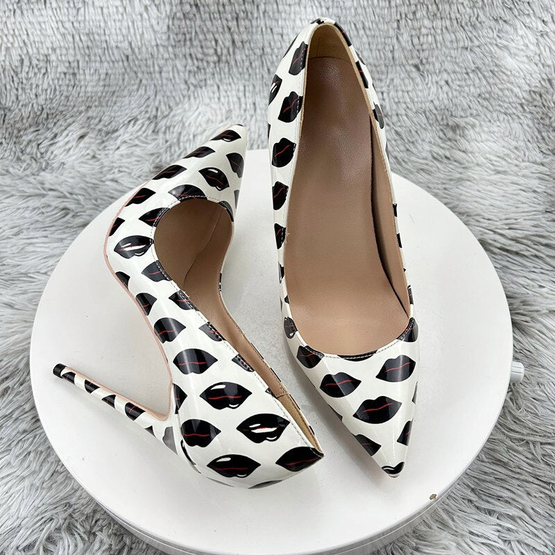 Pre Order:  Black Lips Printed Patent Pointed-Toe Shoes