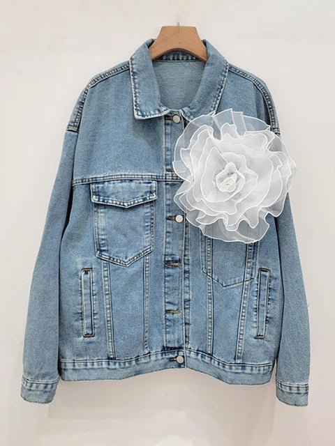 Pre Order:  Spliced 3D Flower Long Sleeve Blue Denim Jacket