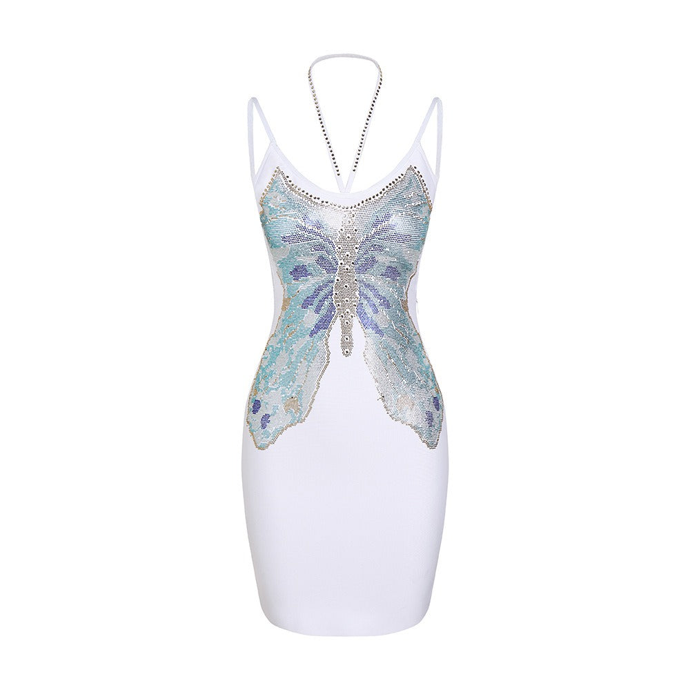 Pre Order: Butterfly Beaded Backless Hanging Neck Bandage Dress