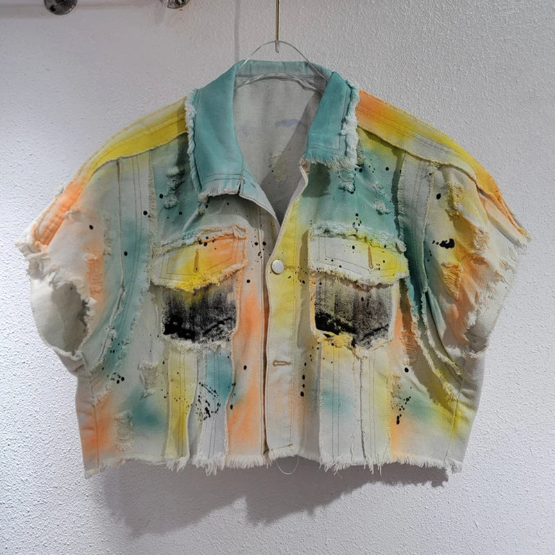 Hand-Painted Short Loose Denim Vest