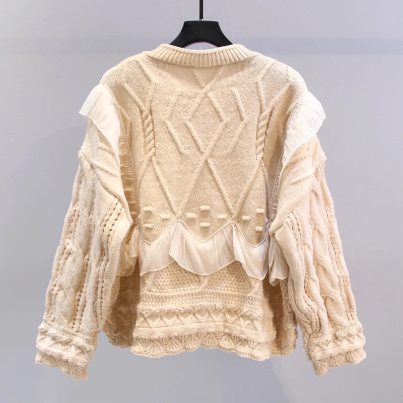 Pre Order:  Ruffled Lace Long Sleeve Loose Knitted Cardigan