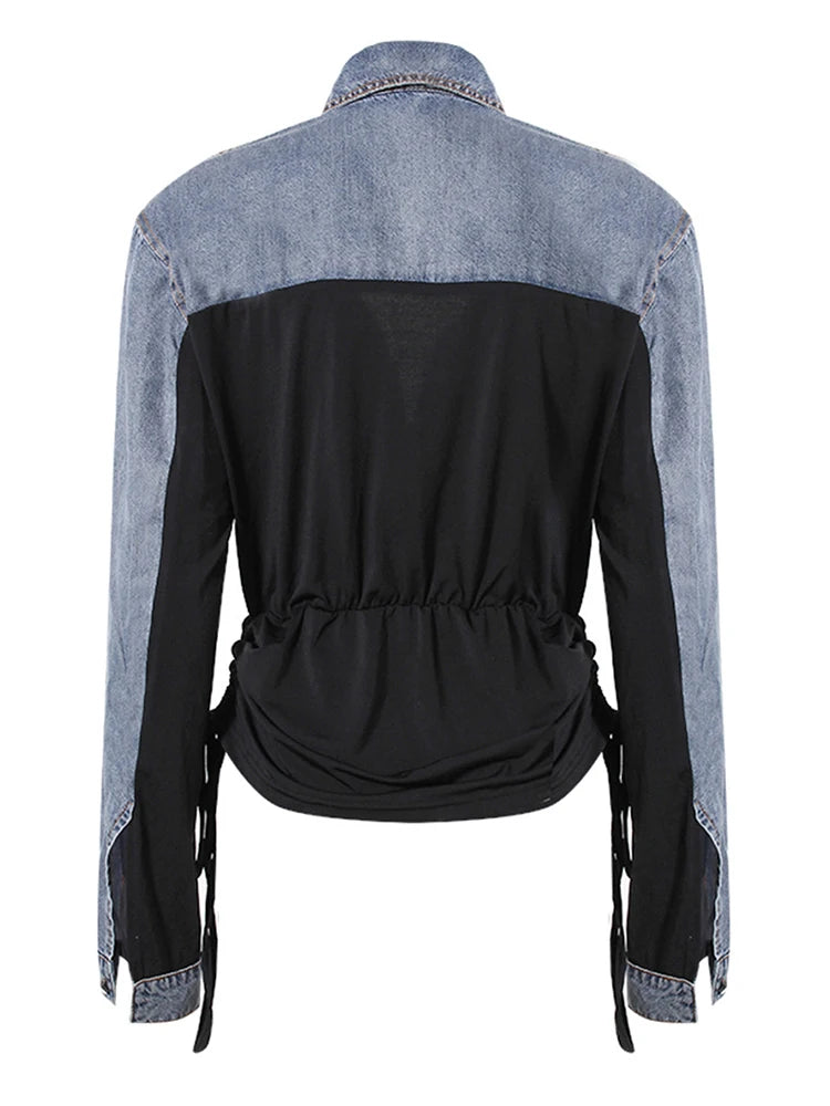 Pre Order:  Denim Drawstring Pleated V-Neck Long Sleeve Shirt