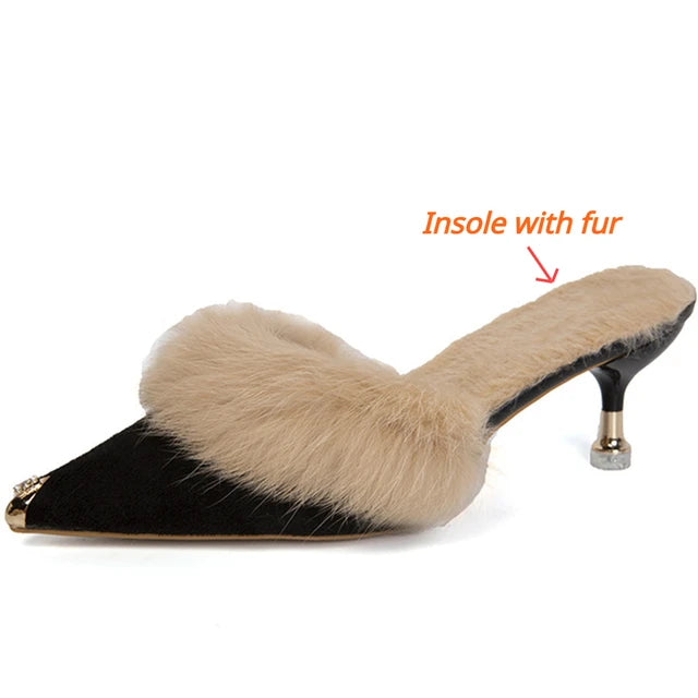 Pre Order:  Metal Tip Faux Fur Mules