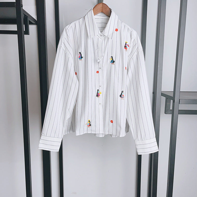 Pre Order:  Striped Long Sleeve Embroidered Loose Shirt