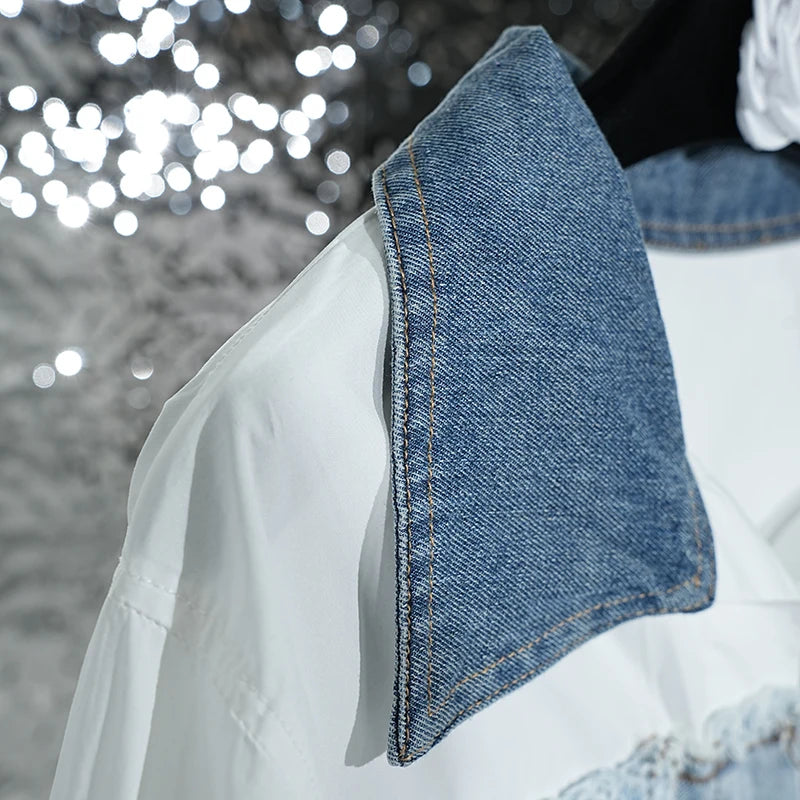 Pre Order:  Denim Patchwork White Long Sleeve Collar Shirt