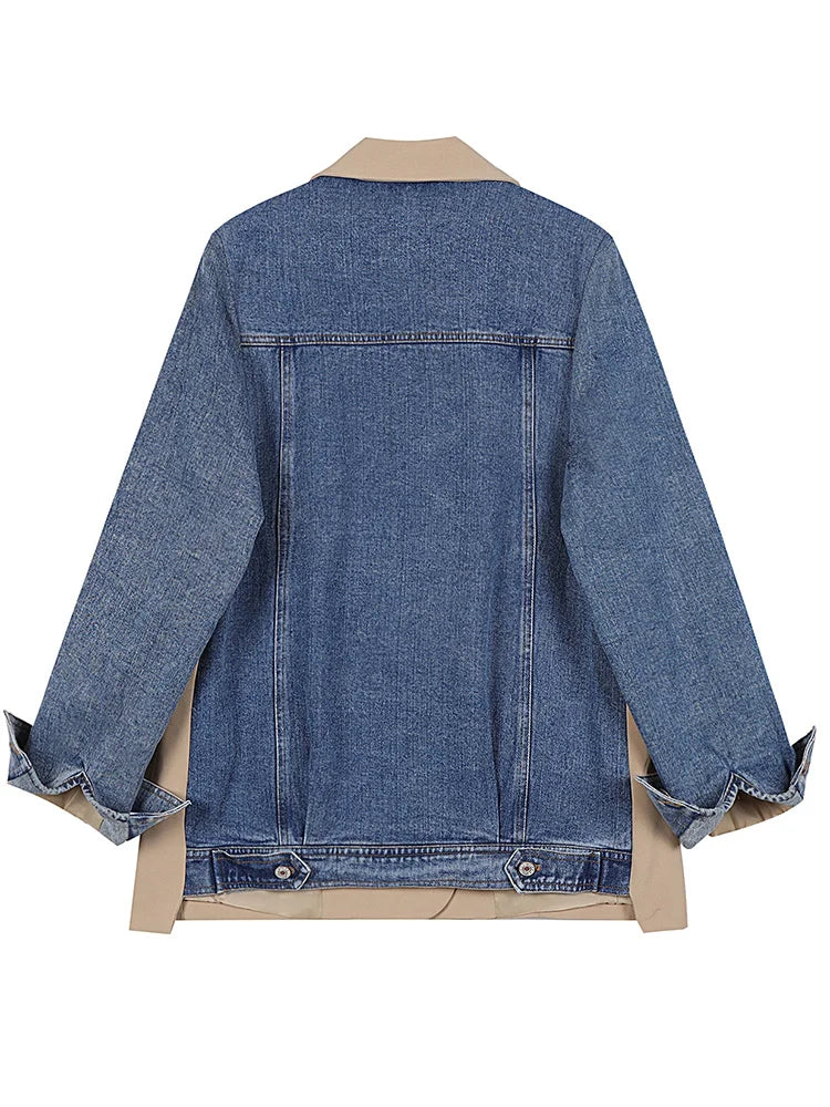 Pre Order:  Denim Spliced Notched Collar Jacket