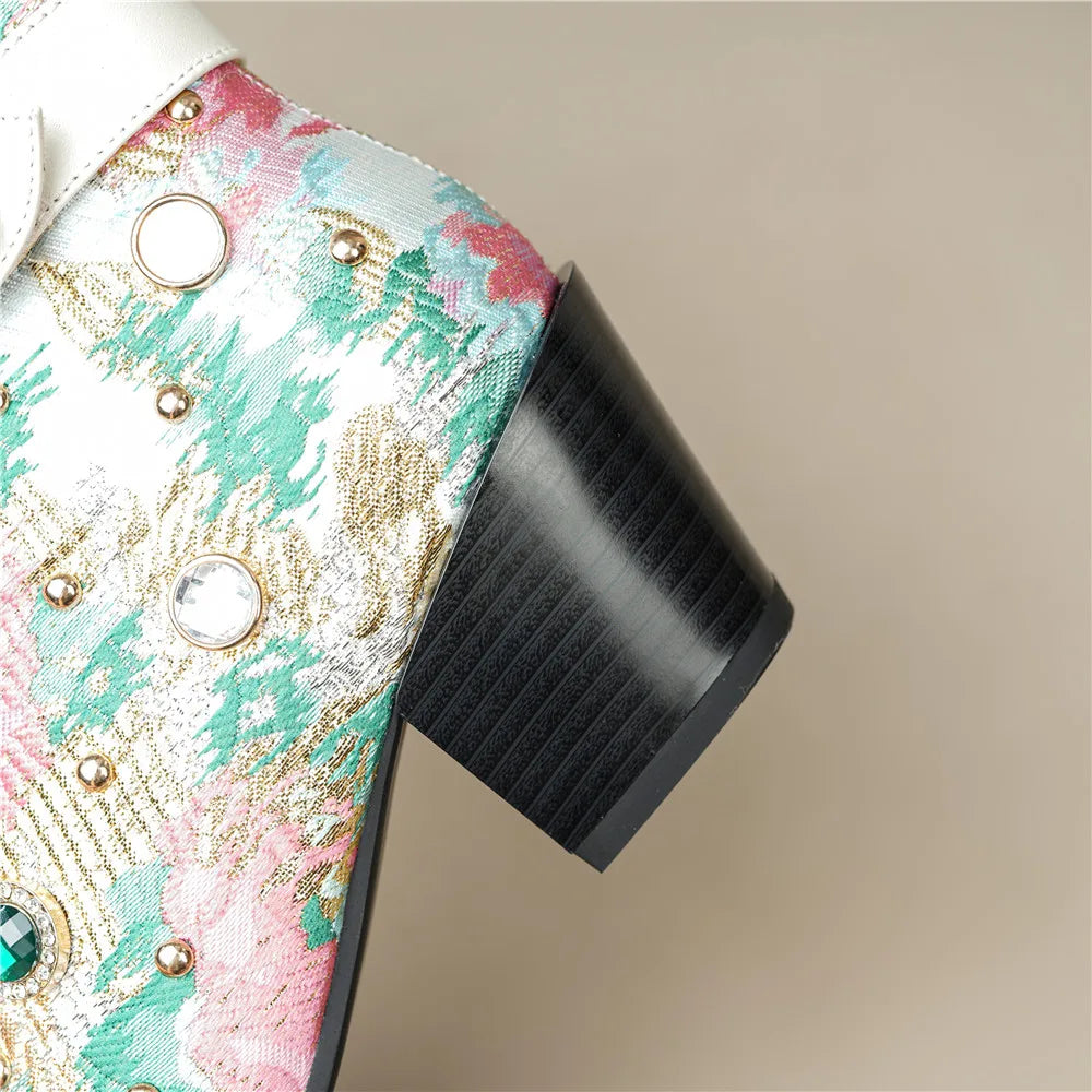 Floral Rhinestones Mid-Calf Boots