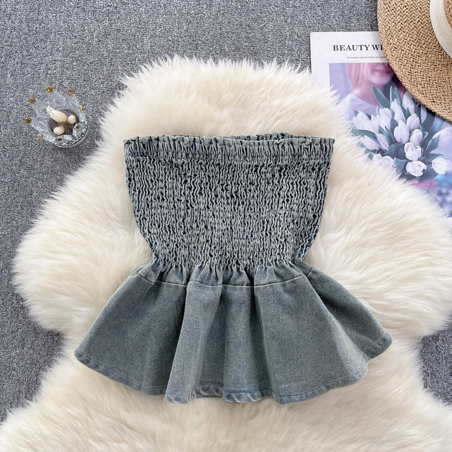 Pre Order:  Elastic Denim Ruffle Tube Top