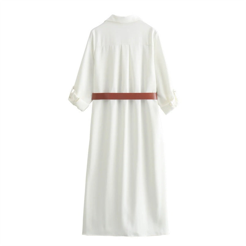 Pre Order:  Shirt Collar Belt Embellishment Midi Dress