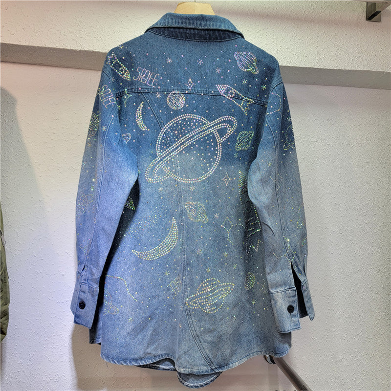 Sequin Heart Letter Gradient Long Sleeved Denim Shirt