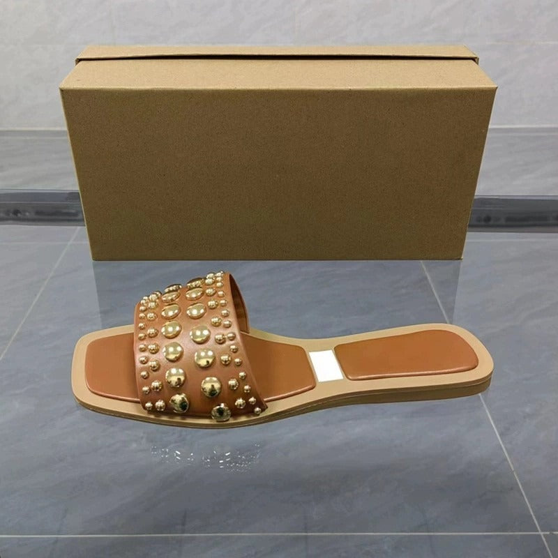 Pre Order:  Square Toe Rubber Rivet Square Toe Flat Sandals