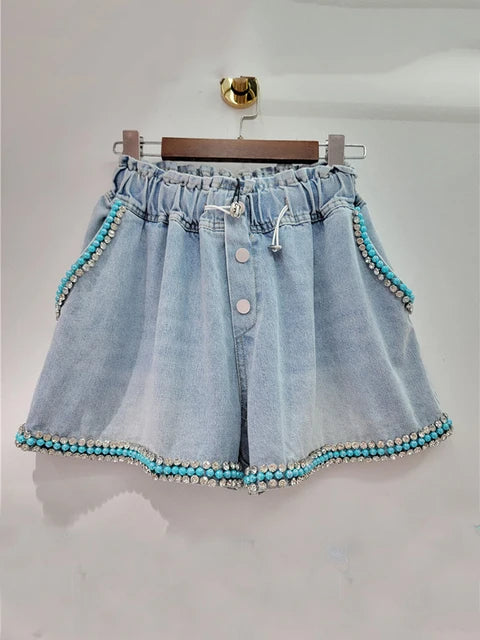 Pre Order:  Diamond Studded Blue Beads Wide Leg Denim Shorts