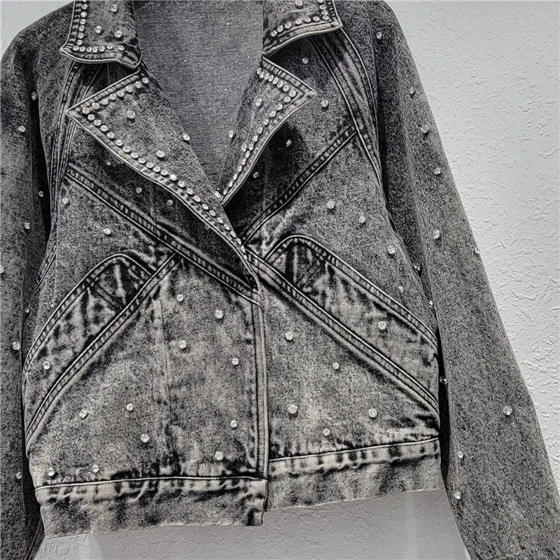 Pre Order:  Nail Bead Inlaid Diamond Denim Jacket