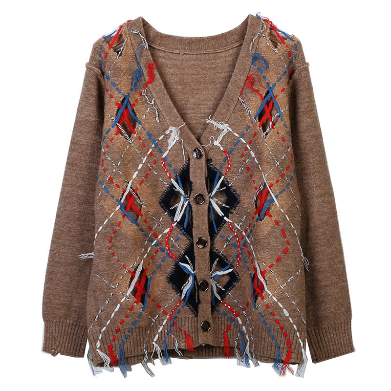 Retro Broken Holes Fringe V-Neck Knitted Cardigan