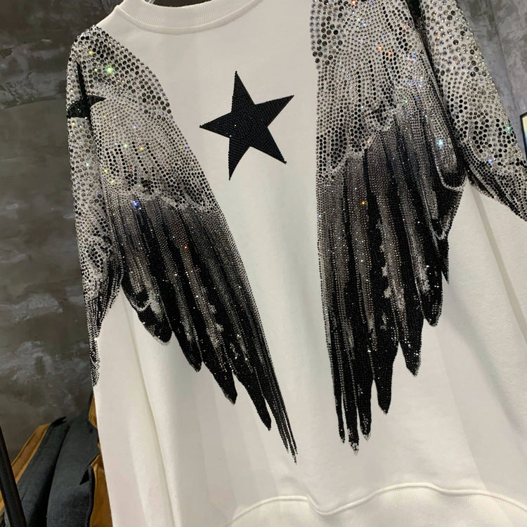 Hot Stamping Diamond Large Wings Round Neck Sweatshirt