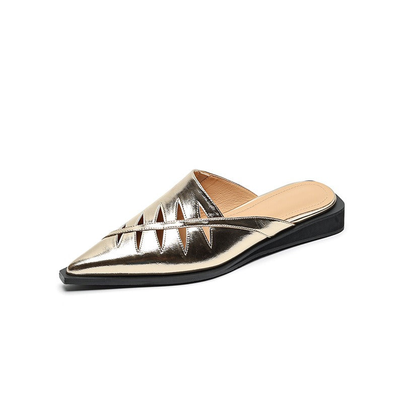 Pre Order:  Cowhide Hollow Pointy Low Heel Mule Shoes