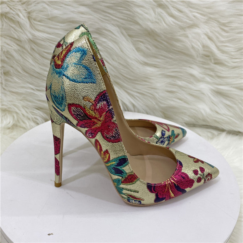 Pre Order:  Gold Embroidered Flower Pointed-Toe Shoes