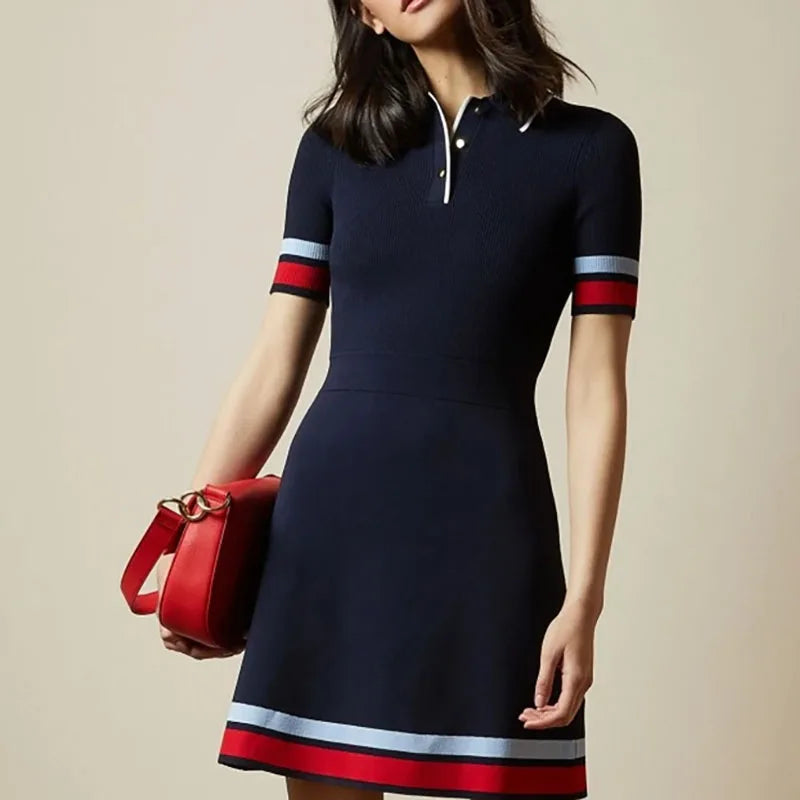 Striped Patchwork A-Line Polo Dress