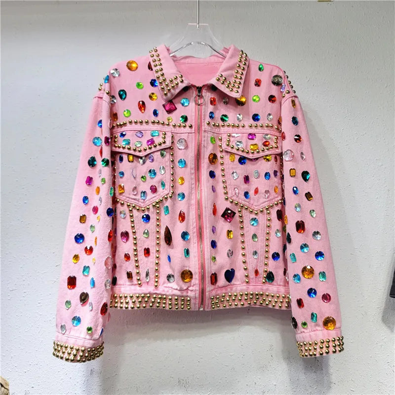 Pre Order:  Rivet Beaded Diamond Pink Denim Loose Jacket