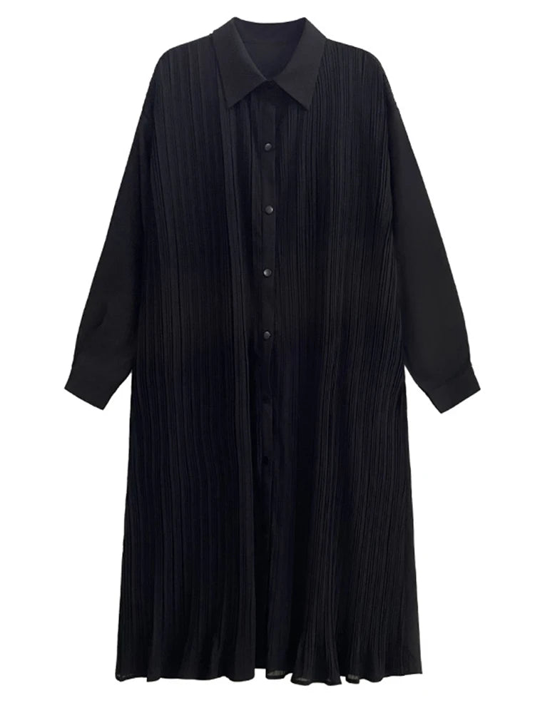 Pre Order:  A-Line Pleated Midi Long Sleeved Large Shirt Dress