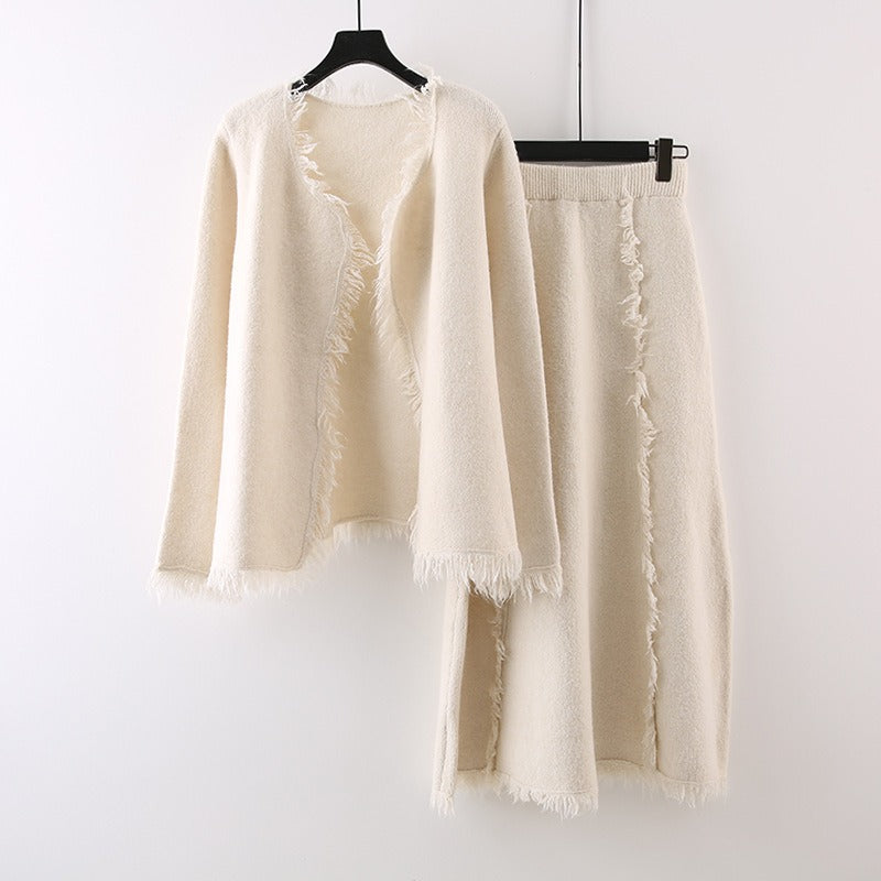 Solid Woven Loose Cardigan + Woven Skirt Set