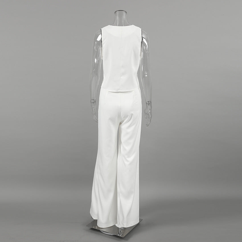 High-End White V-Neck Vest + Trousers Set