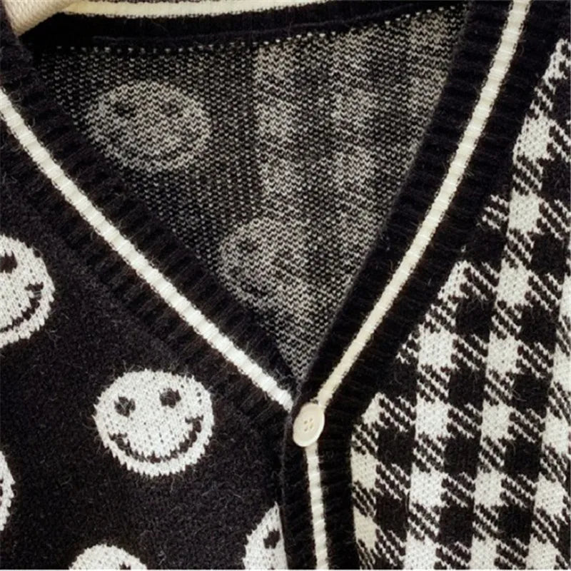 Pre Order:  Smiley Faces Plaid Knitted Cardigan