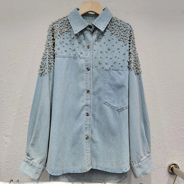 Diamond Studded Loose Denim Shirt