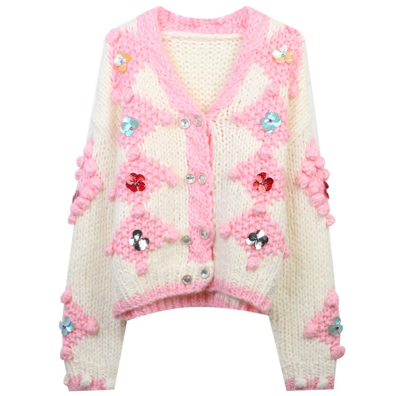 Pre Order:  Color Block Hand Hooked Floral Sequin Knit Cardigan