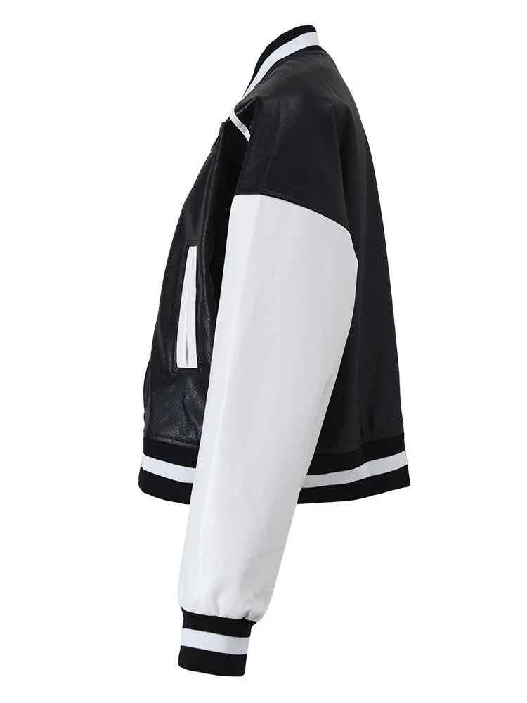 Pre Order:  Casual Colorblock Vegan Leather Varsity Jacket