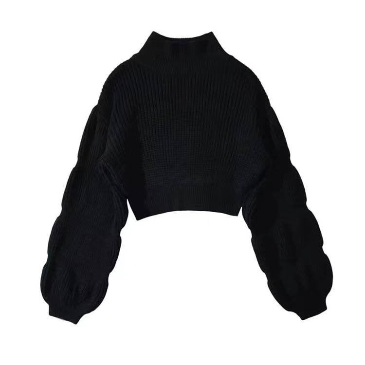 Turtleneck Puff Sleeves Cropped Sweater