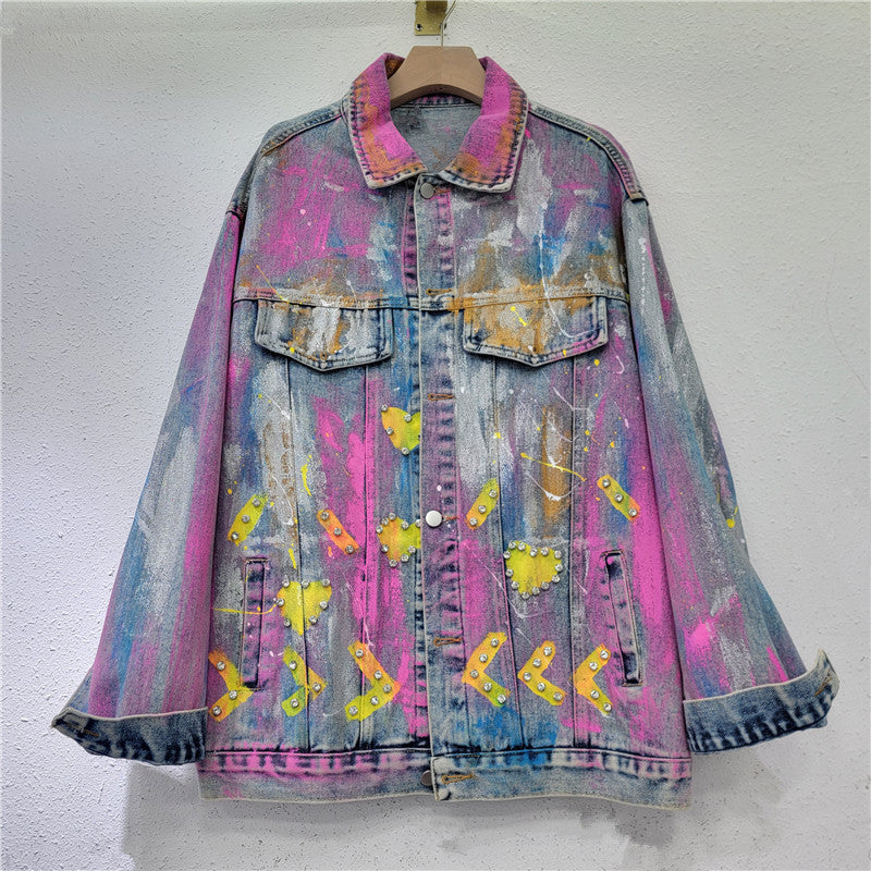 Pre Order:  Colorful Heart Shaped Graffiti Hand Drawn Denim Jacket