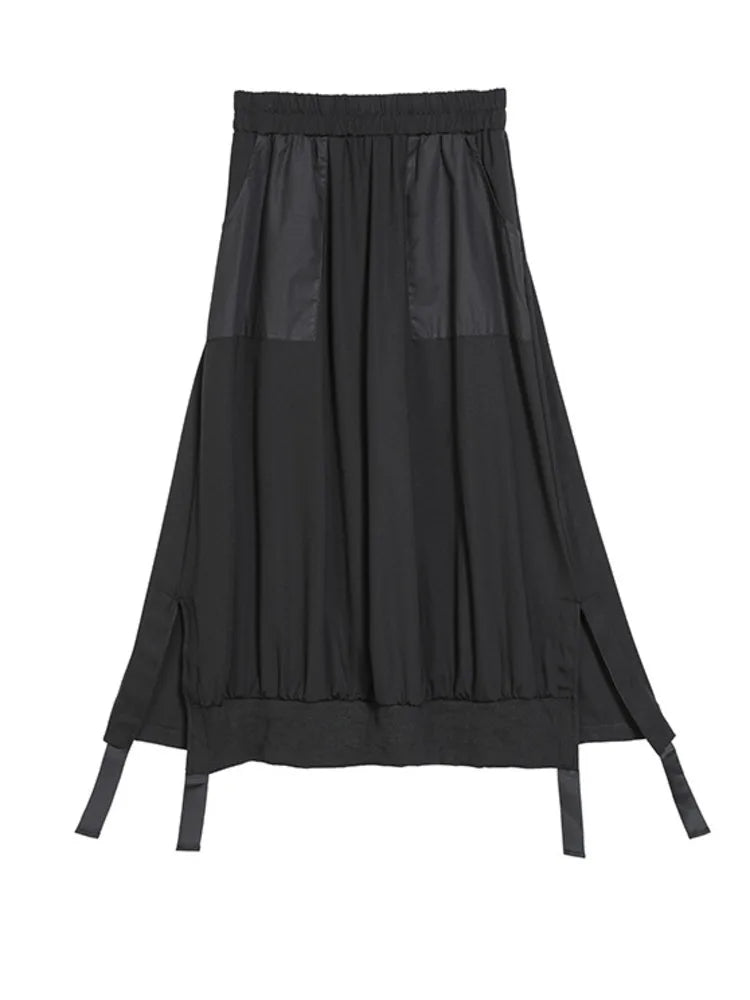 Spliced Pockets Elastic Waistband A-Line Skirt