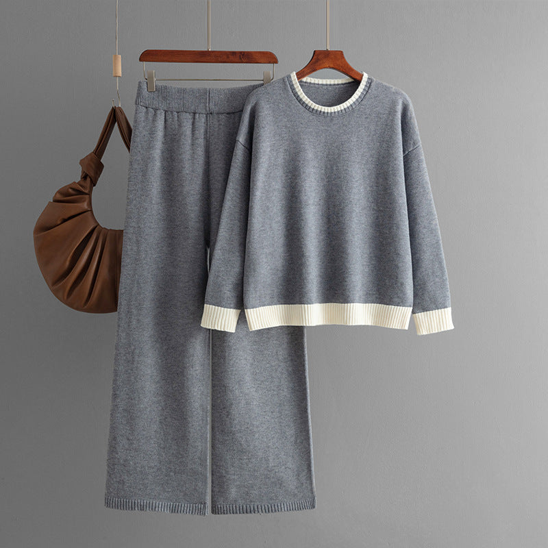 Round Neck Knitted Sweater + Wide Leg Pants Set