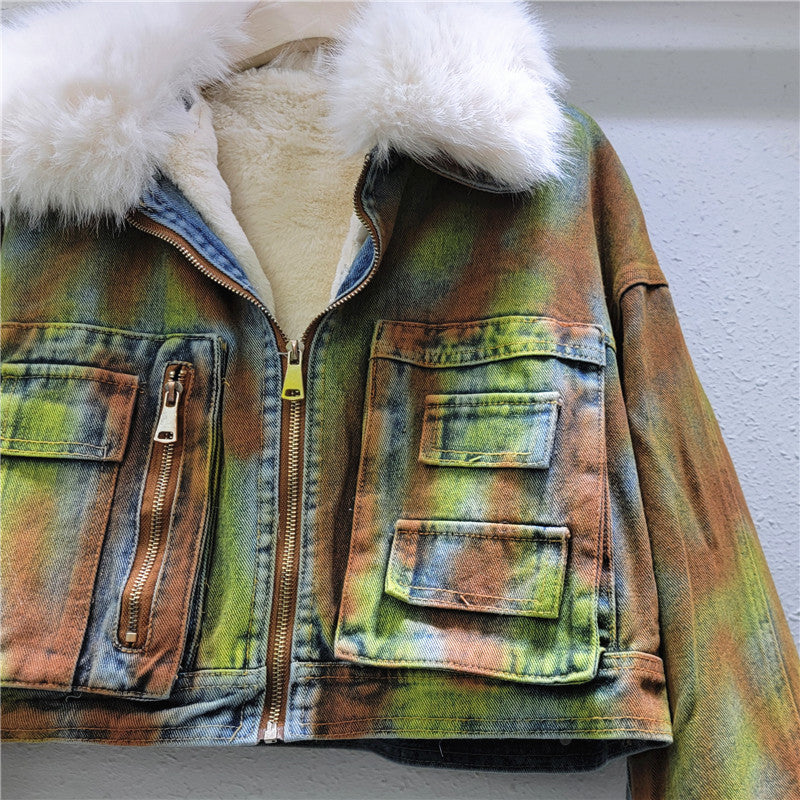 Pre Order: Woolen Collar Denim Short Fleece Jacket