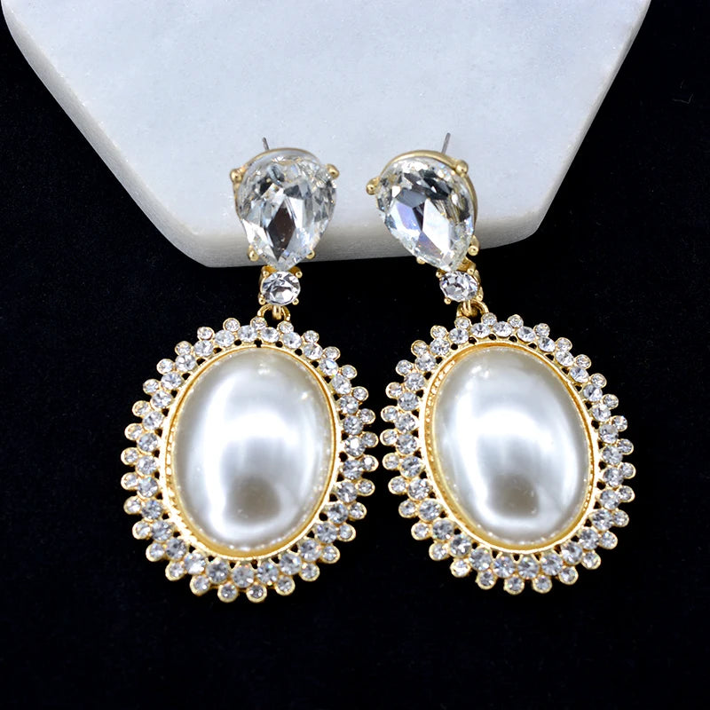 Big Oval Pearl Crystal Long Drop Earrings