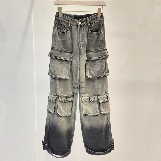 Pre Order:  Multi Pocket Wide Leg Cargo Jeans