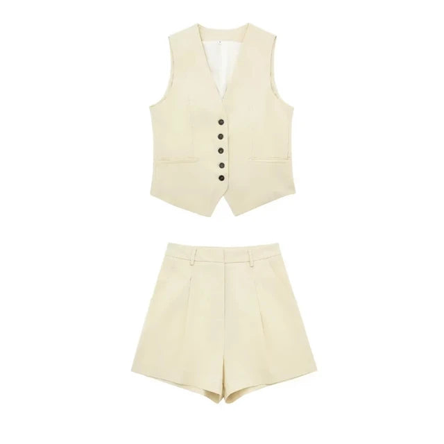 Pre Order:  Solid Button Sleeveless Linen Vest + Shorts Set