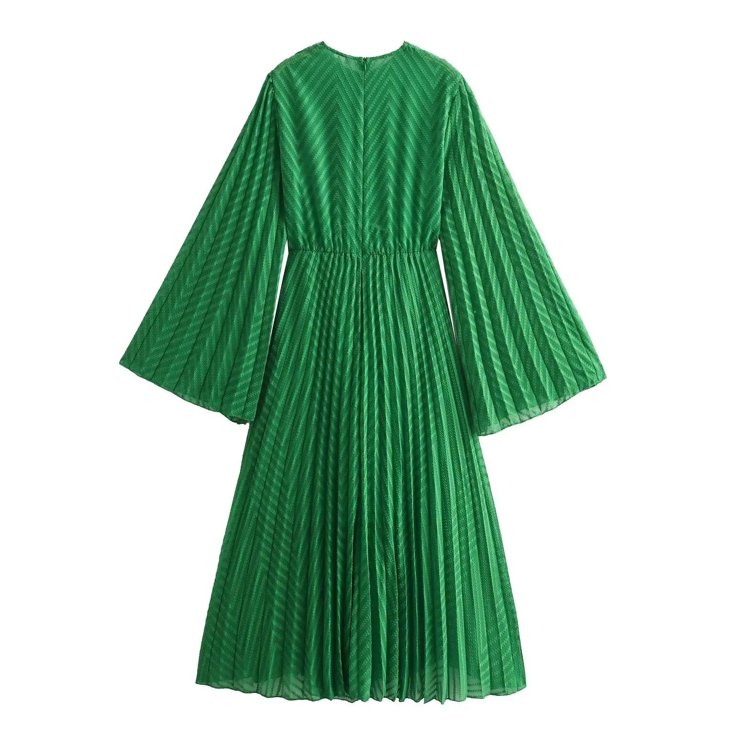 Green Pleated Round Neck Long Sleeved A-Line Dress