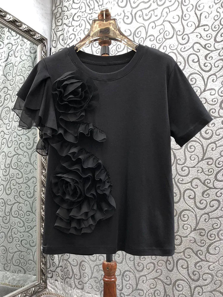 Pre Order:  3D Flower Ruffled Edge Cotton T-shirt