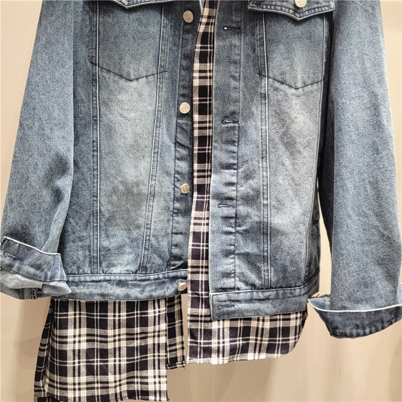 Pre Order: Irregular Spliced Plaid Loose Fit Denim Jacket