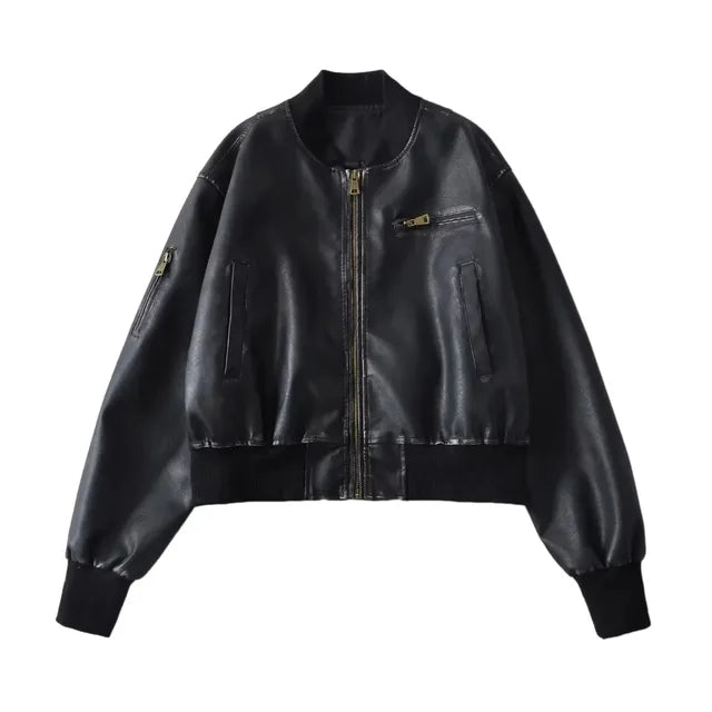 Pre Order:  PU Leather Zip Up Bomber Jacket