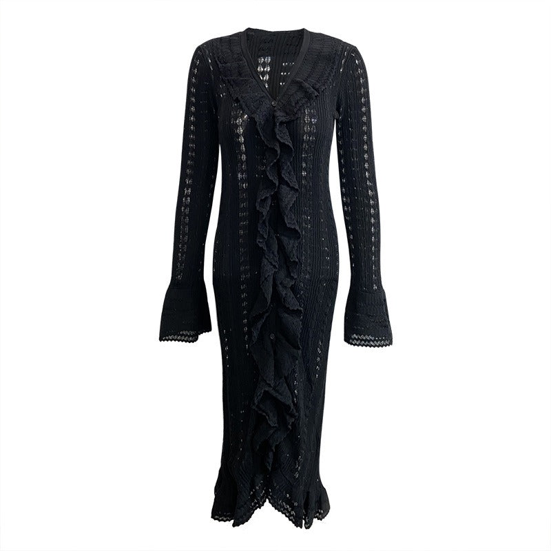 Pre Order:  Fungus Edge Ruffle Hollow Knitted Dress