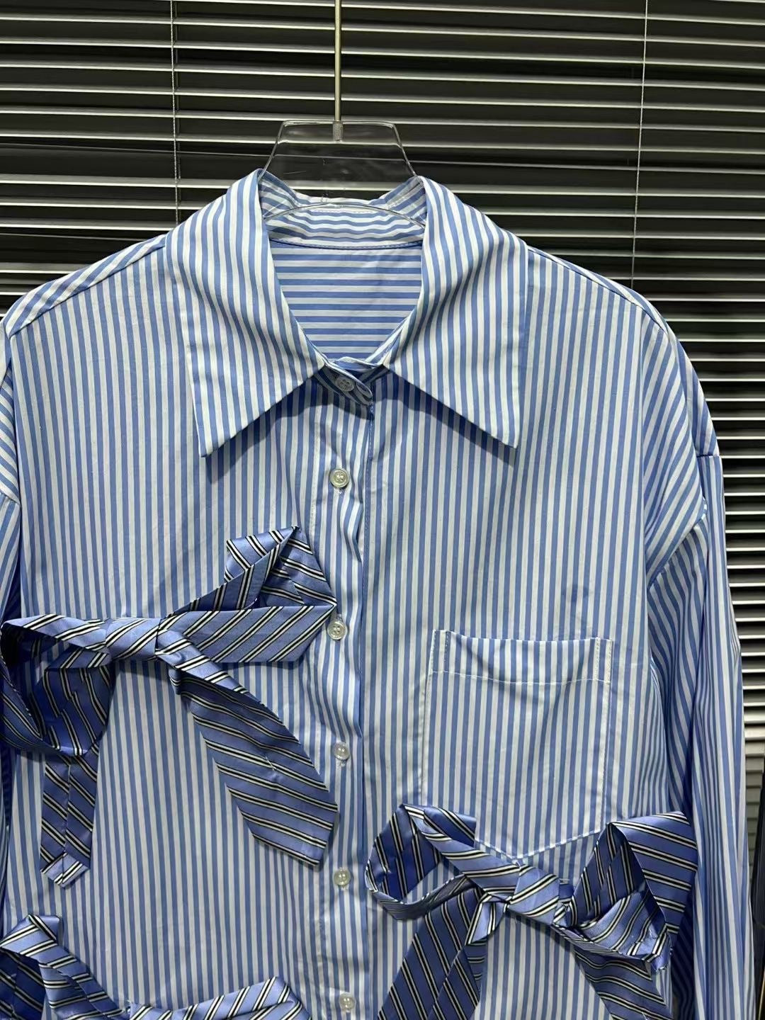 Pre Order:  Blue Vertical Stripe Tie Bow Loose Shirt