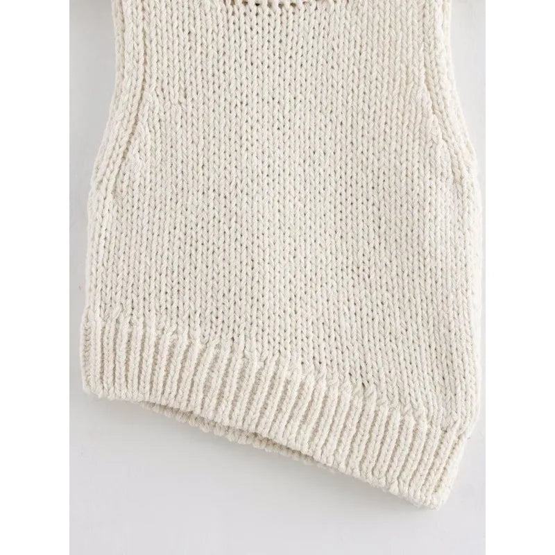 Pre Order: Asymmetrical Sleeveless Round Neck Chain Knitted Vest