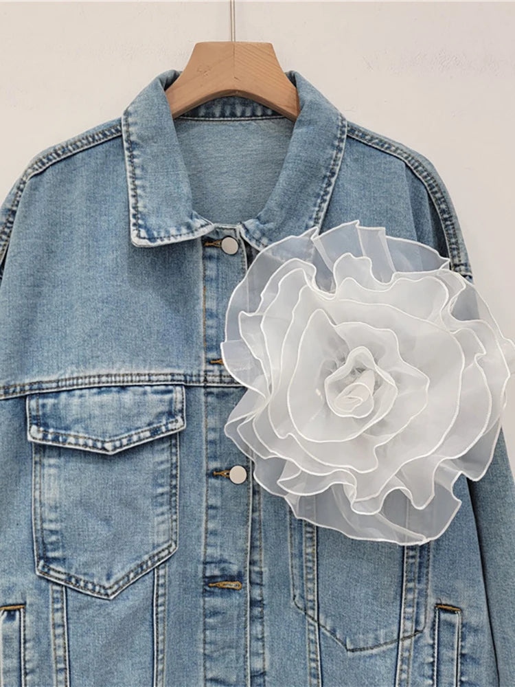 Pre Order:  Spliced 3D Flower Long Sleeve Blue Denim Jacket