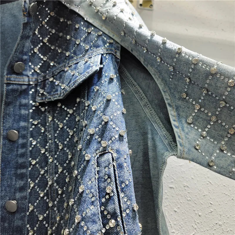 Pre Order:  Patchwork Hot Drilling Diamond Retro Washed Denim Jacket